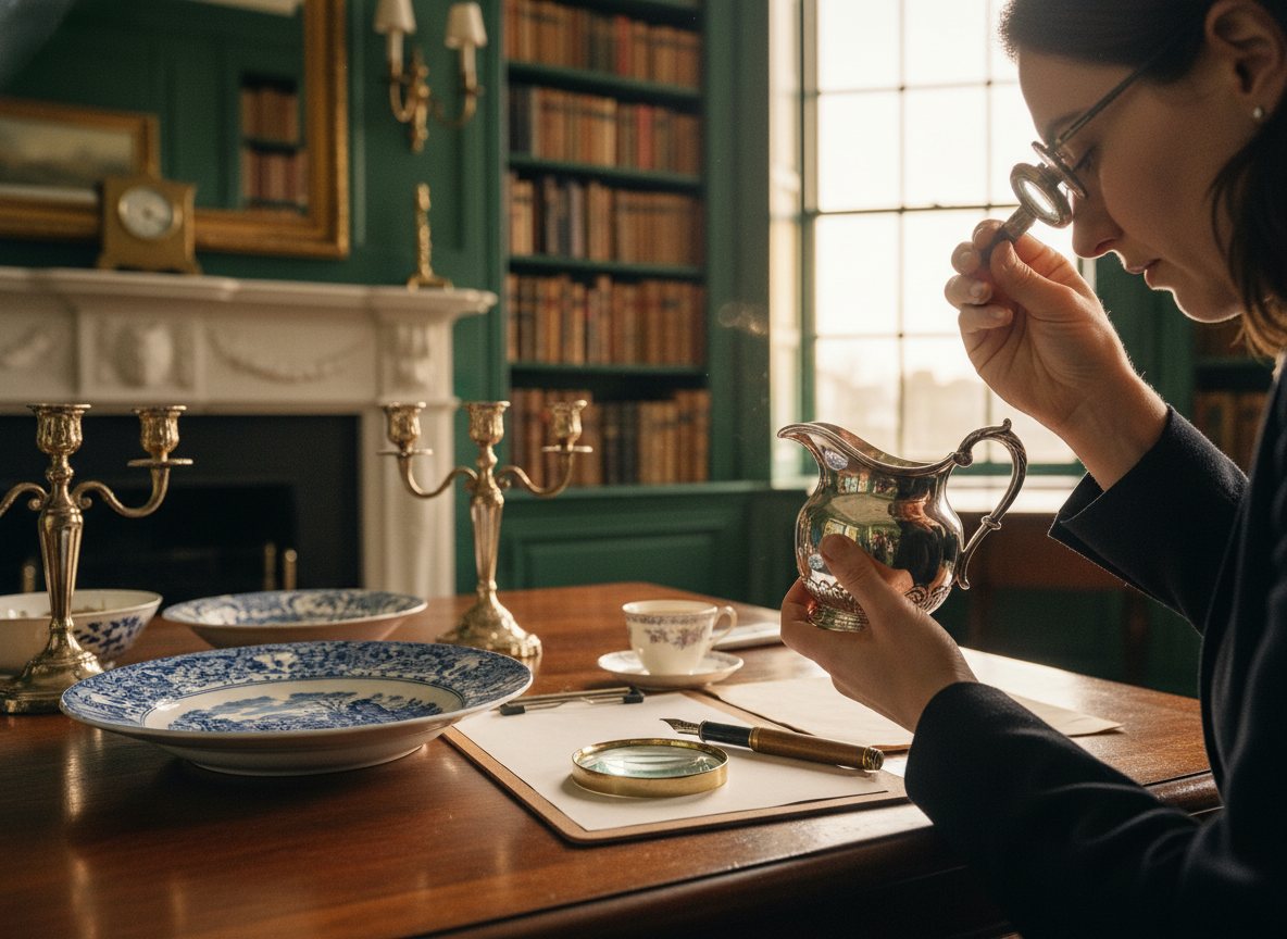 An appraiser carefully examining antique silver and documenting estate items.