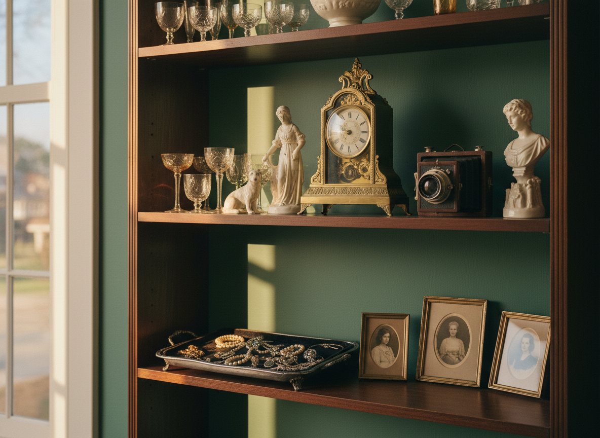 A display of vintage collectibles, glassware, and small antiques at an estate sale.