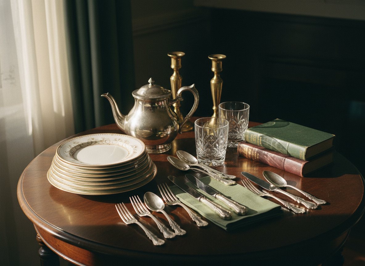 A curated tabletop of antique china, silver, glassware, and collectibles arranged for an estate sale.