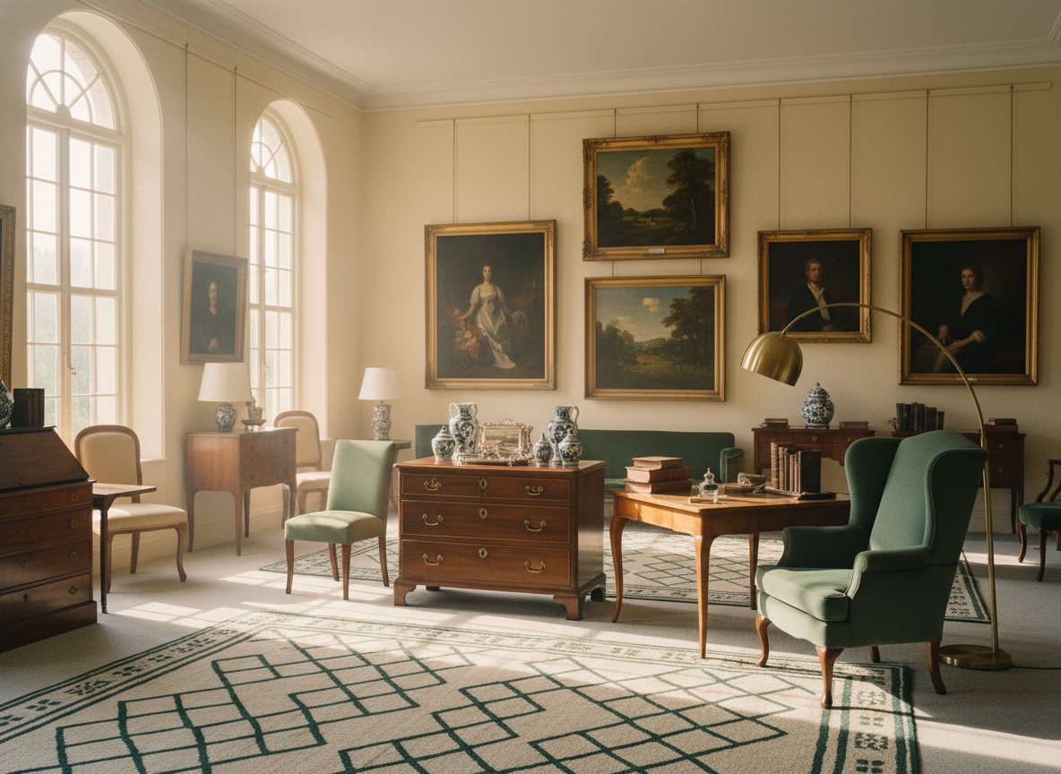 A warmly lit room of curated antique furniture prepared for an estate sale.