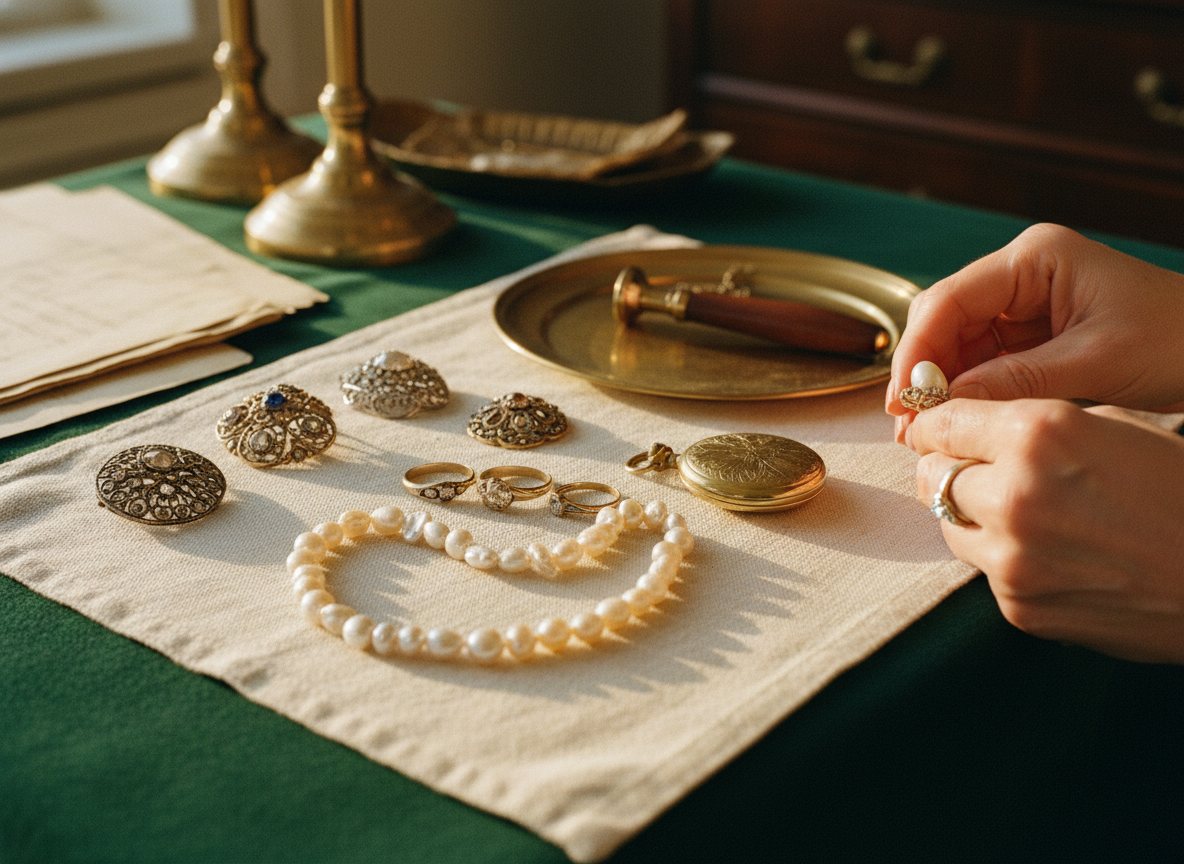 A close-up of estate jewelry and a loupe during a careful appraisal.
