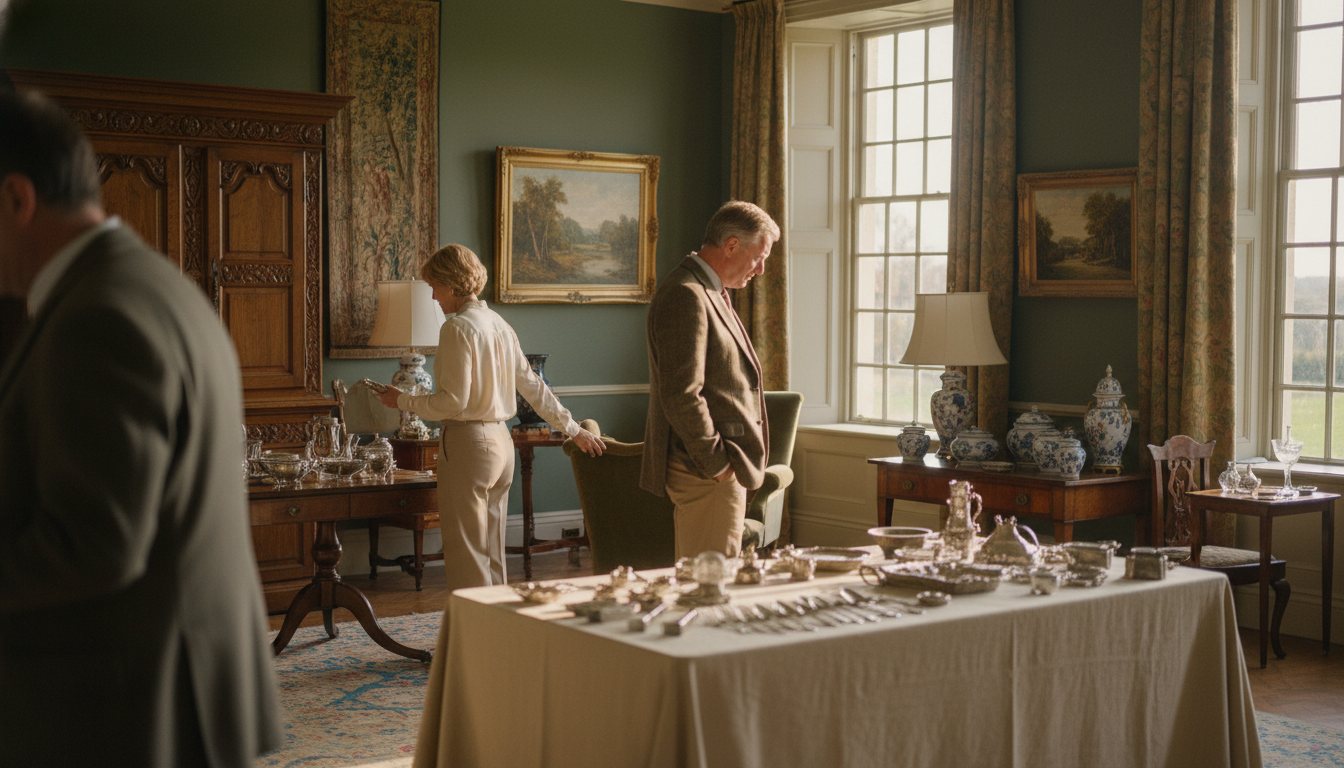 Shoppers browsing a tastefully arranged estate sale in a warm, sunlit home.